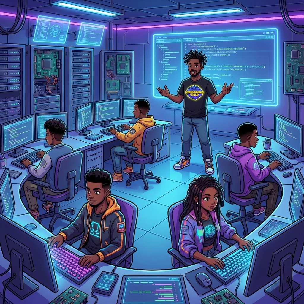 comic panel with the tech workshop