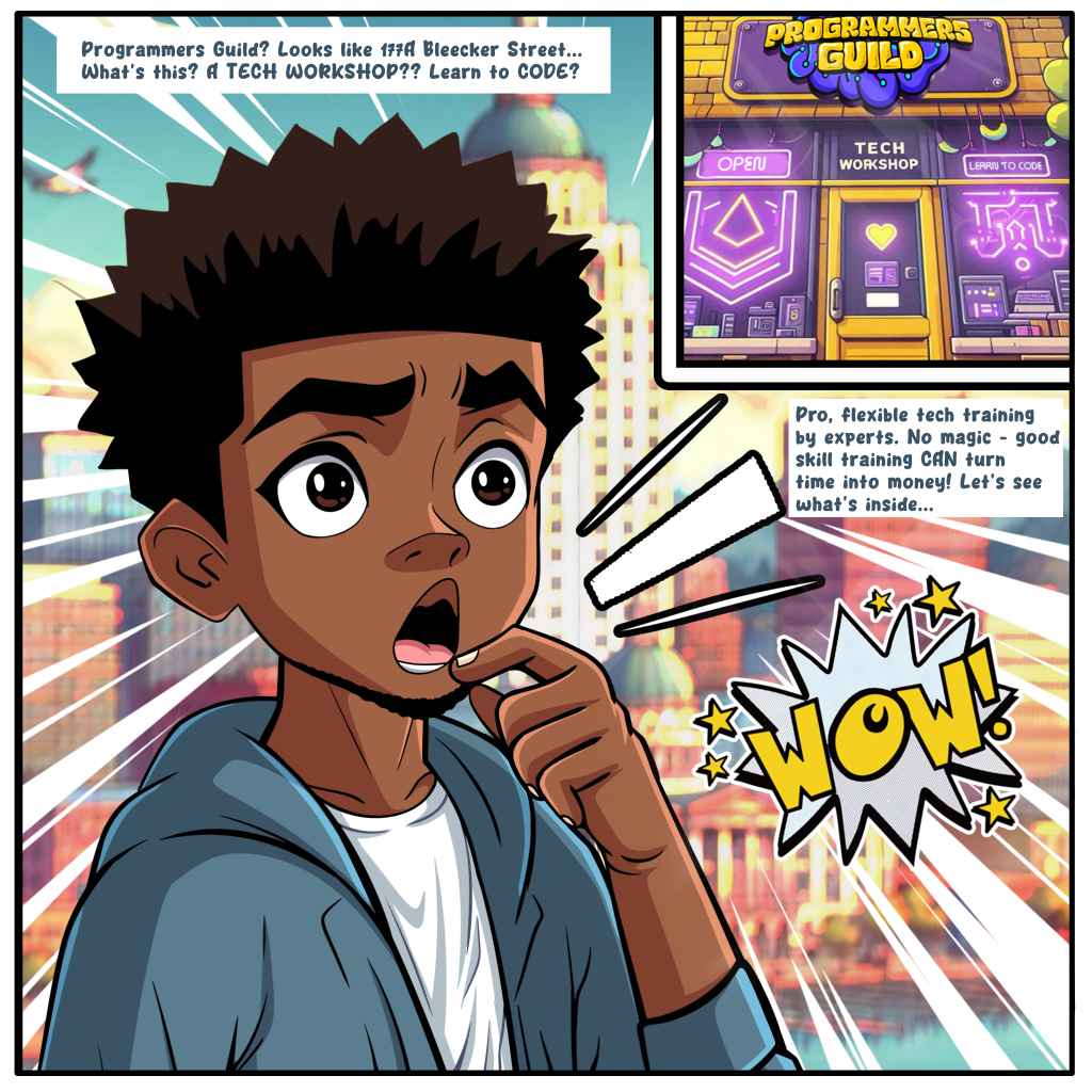 Comic 2 of 4: young person discovers Programmers Guild.