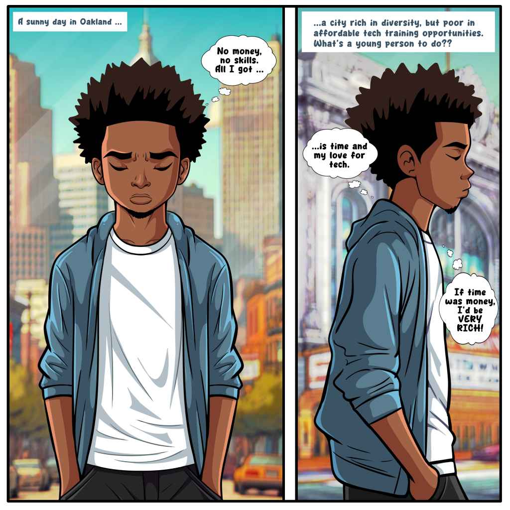 Comic 1 of 4: young aspiring programming walking down the street.